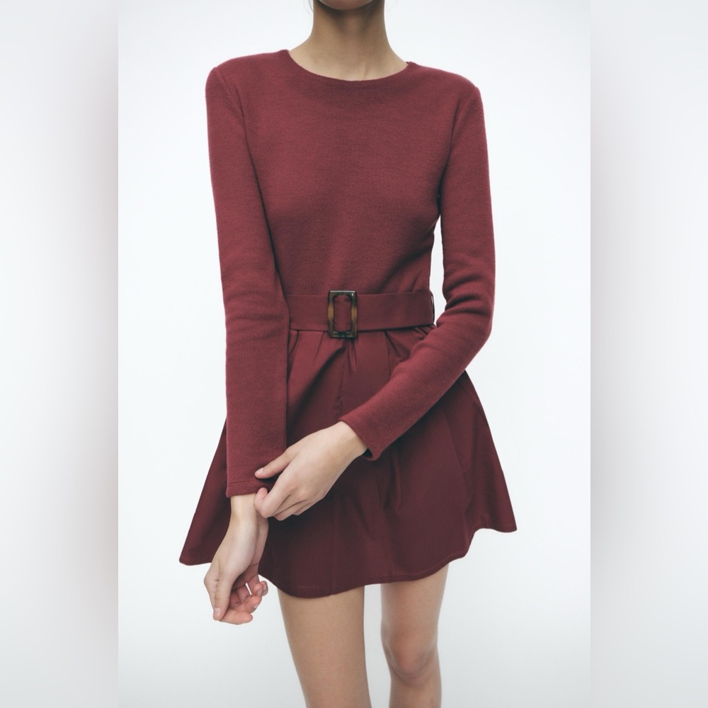 ZARA S Burgundy Combination Short Belted Sweater Dress NWT